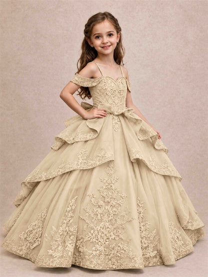 Off Shoulder Girls Pageant Dresses Lace Applique Layered Tulle Princess Ball Gown for Birthday Wedding