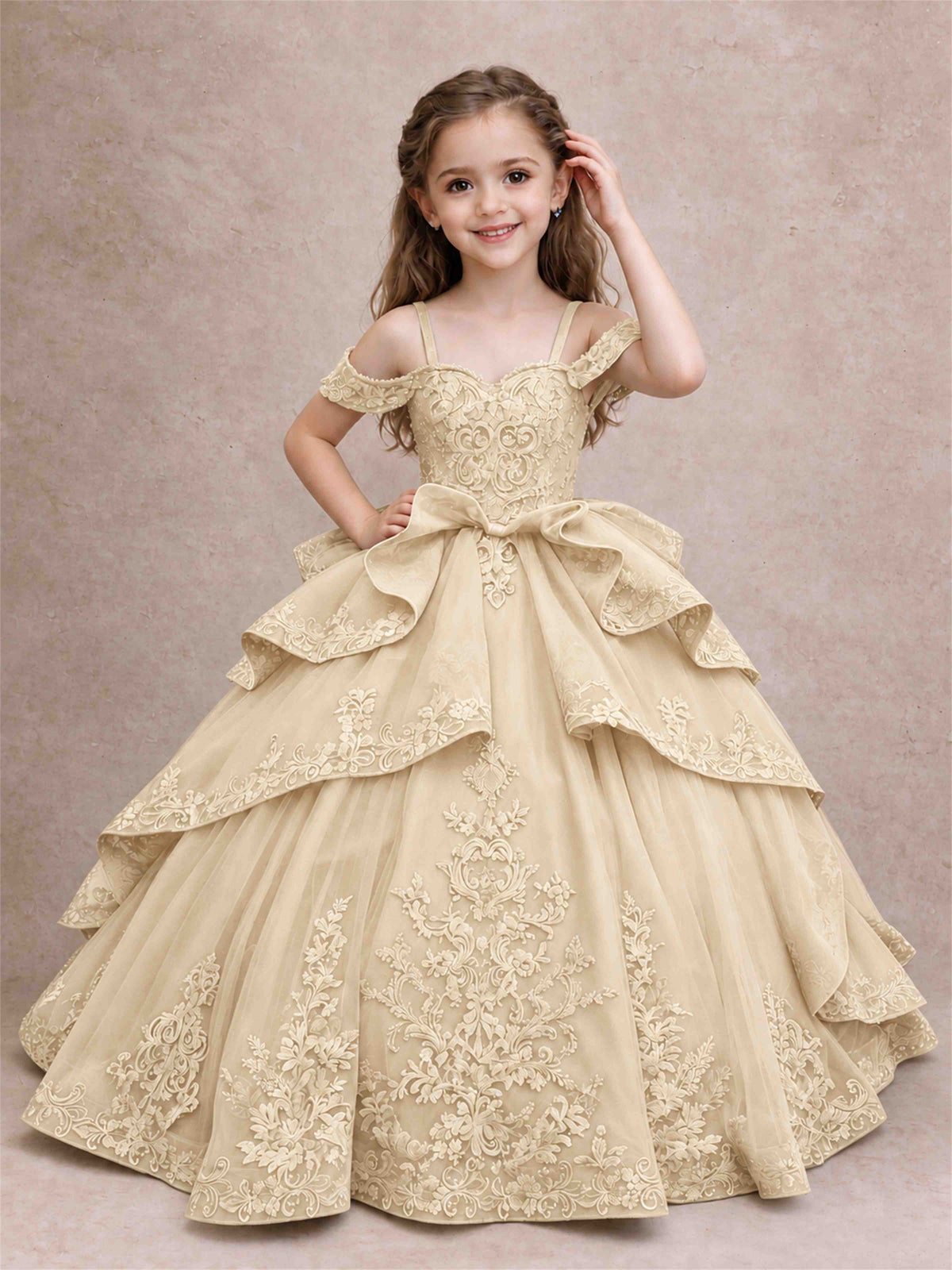 Off Shoulder Girls Pageant Dresses Lace Applique Layered Tulle Princess Ball Gown for Birthday Wedding