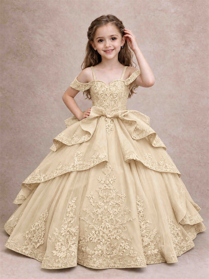 Off Shoulder Girls Pageant Dresses Lace Applique Layered Tulle Princess Ball Gown for Birthday Wedding