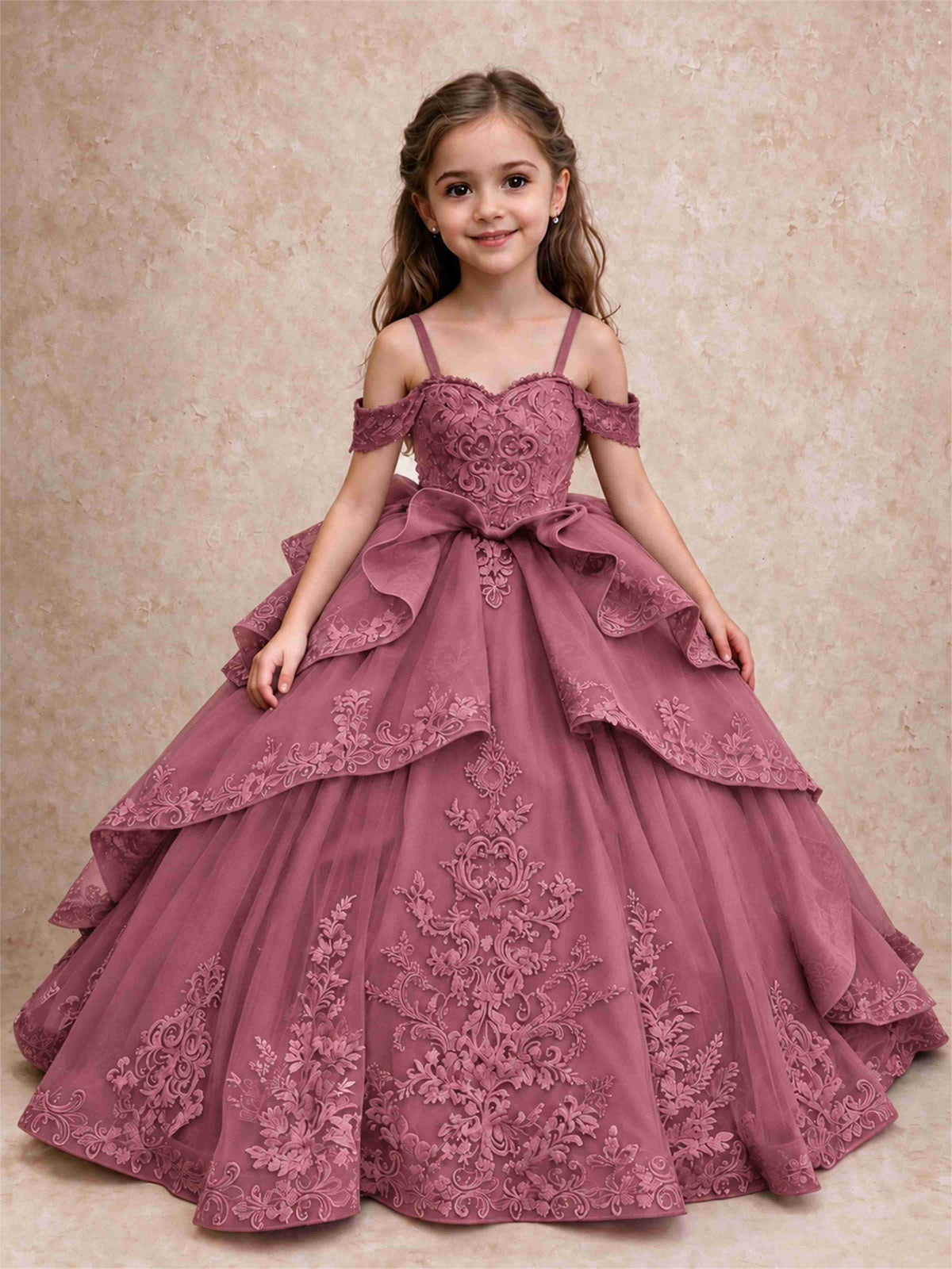 Off Shoulder Girls Pageant Dresses Lace Applique Layered Tulle Princess Ball Gown for Birthday Wedding