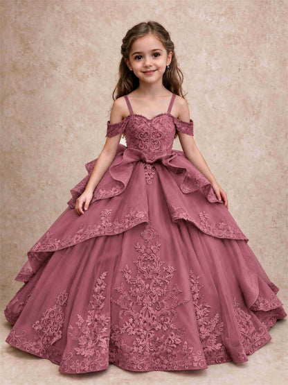 Off Shoulder Girls Pageant Dresses Lace Applique Layered Tulle Princess Ball Gown for Birthday Wedding