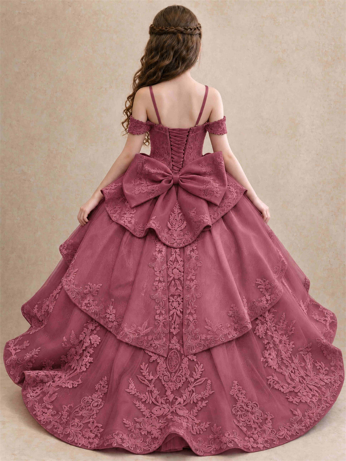Off Shoulder Girls Pageant Dresses Lace Applique Layered Tulle Princess Ball Gown for Birthday Wedding