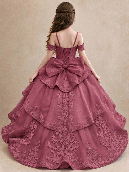 Off Shoulder Girls Pageant Dresses Lace Applique Layered Tulle Princess Ball Gown for Birthday Wedding