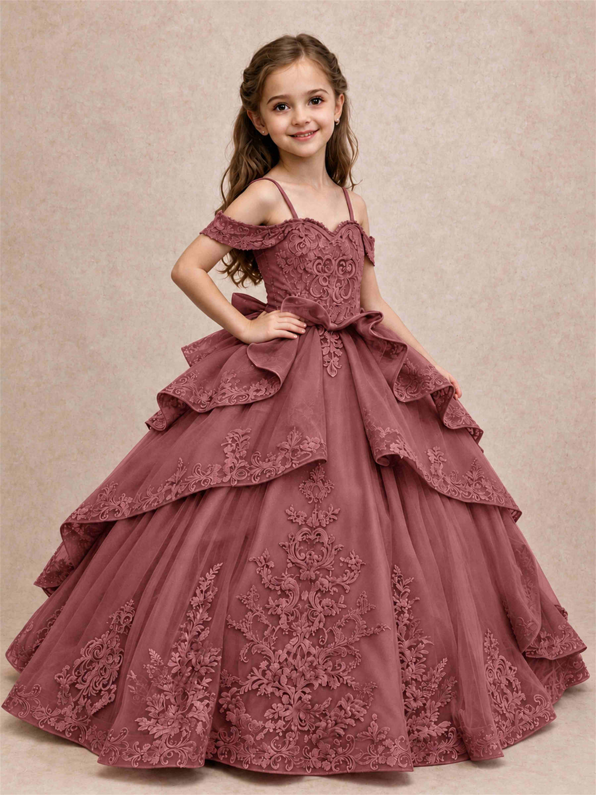Off Shoulder Girls Pageant Dresses Lace Applique Layered Tulle Princess Ball Gown for Birthday Wedding