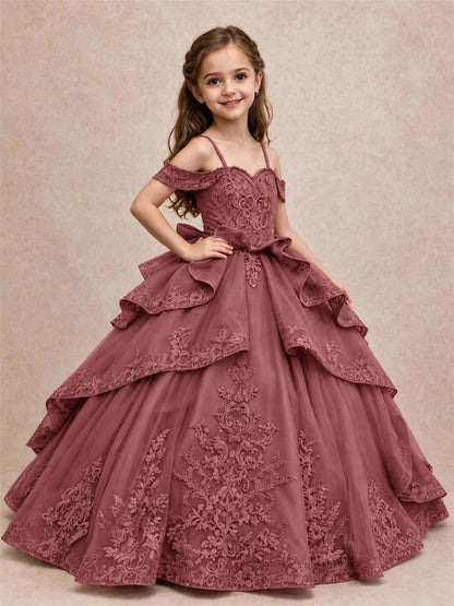 Off Shoulder Girls Pageant Dresses Lace Applique Layered Tulle Princess Ball Gown for Birthday Wedding