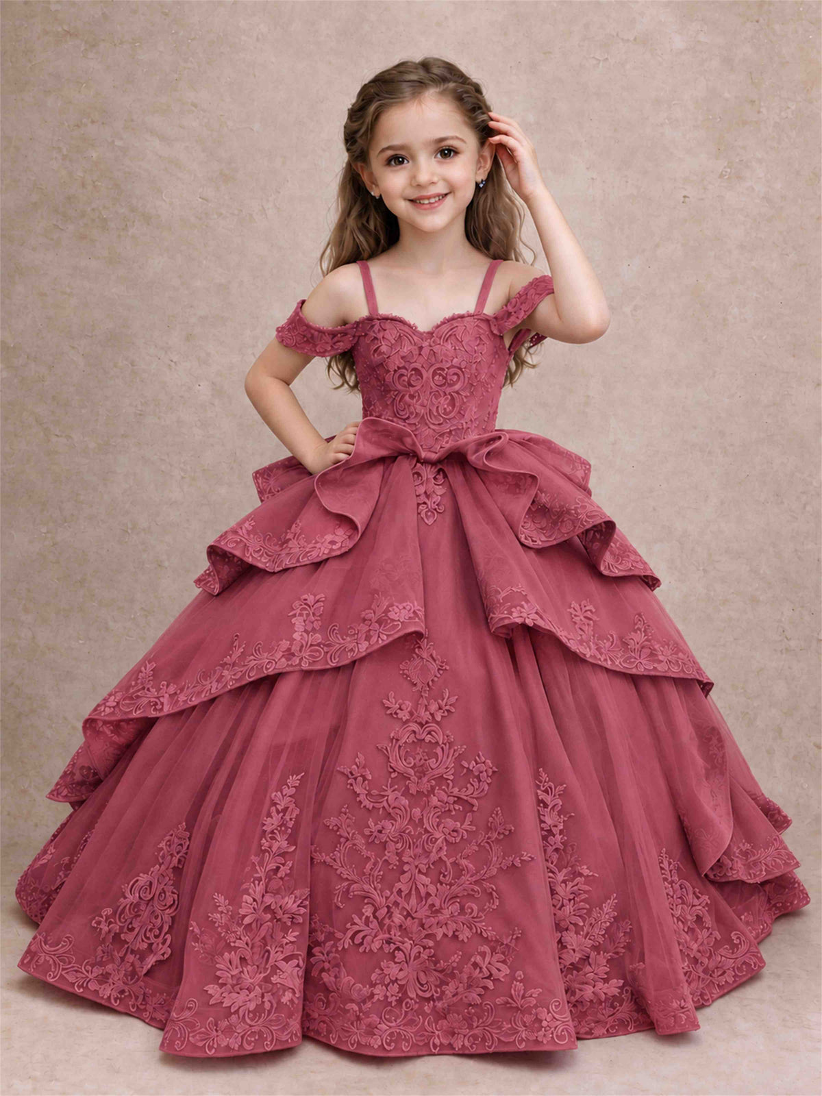 Off Shoulder Girls Pageant Dresses Lace Applique Layered Tulle Princess Ball Gown for Birthday Wedding