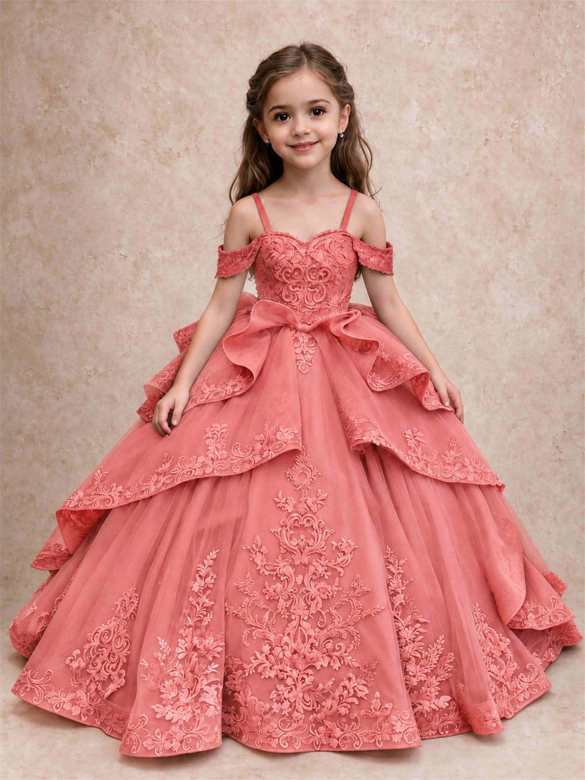 Off Shoulder Girls Pageant Dresses Lace Applique Layered Tulle Princess Ball Gown for Birthday Wedding