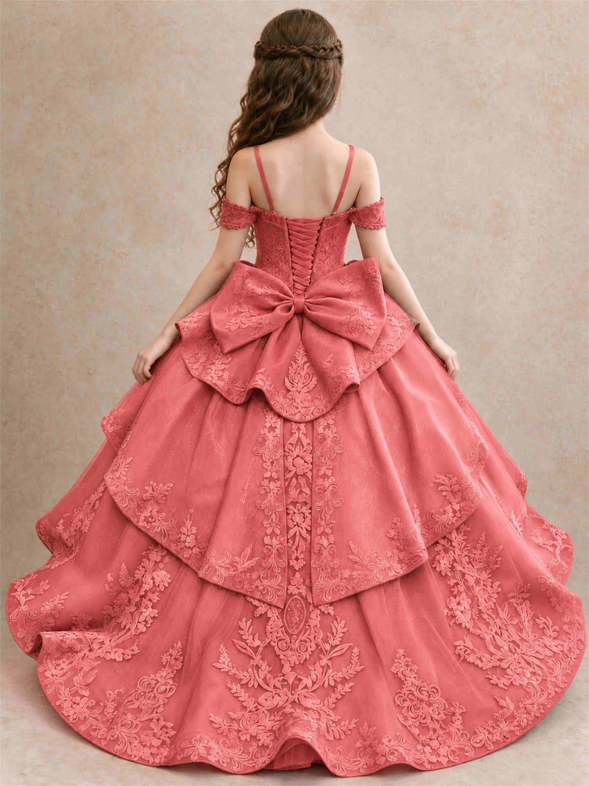 Off Shoulder Girls Pageant Dresses Lace Applique Layered Tulle Princess Ball Gown for Birthday Wedding