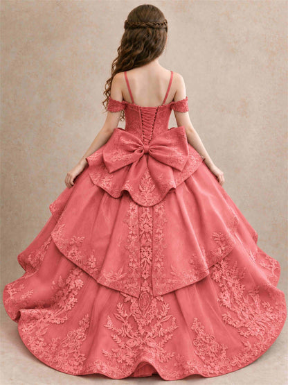 Off Shoulder Girls Pageant Dresses Lace Applique Layered Tulle Princess Ball Gown for Birthday Wedding