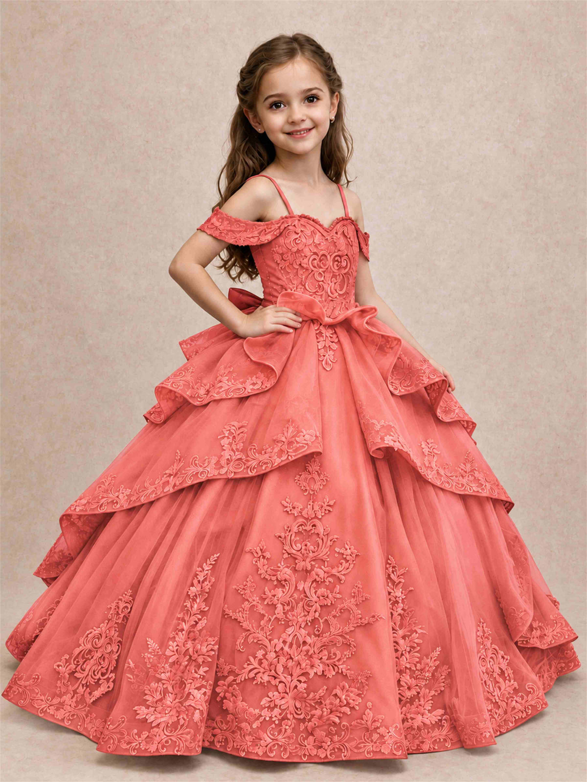 Off Shoulder Girls Pageant Dresses Lace Applique Layered Tulle Princess Ball Gown for Birthday Wedding