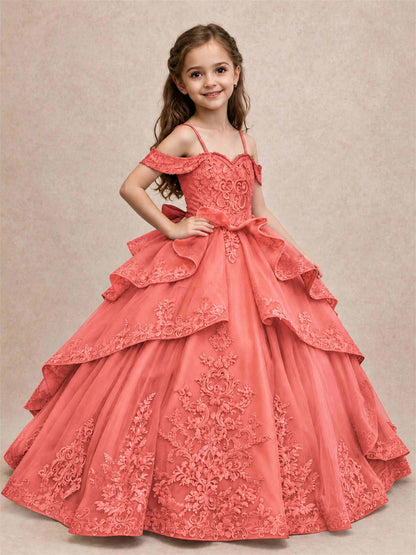 Off Shoulder Girls Pageant Dresses Lace Applique Layered Tulle Princess Ball Gown for Birthday Wedding