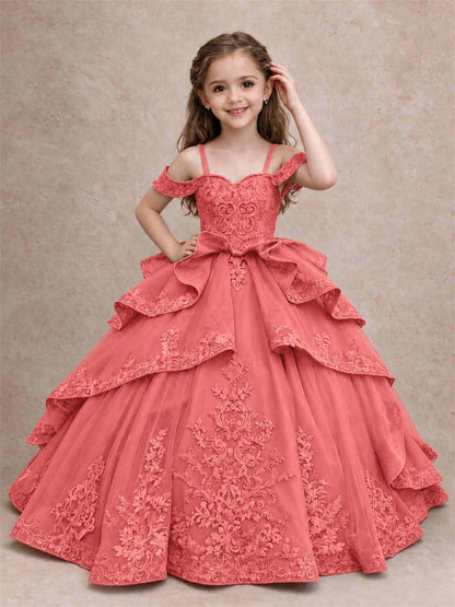 Off Shoulder Girls Pageant Dresses Lace Applique Layered Tulle Princess Ball Gown for Birthday Wedding