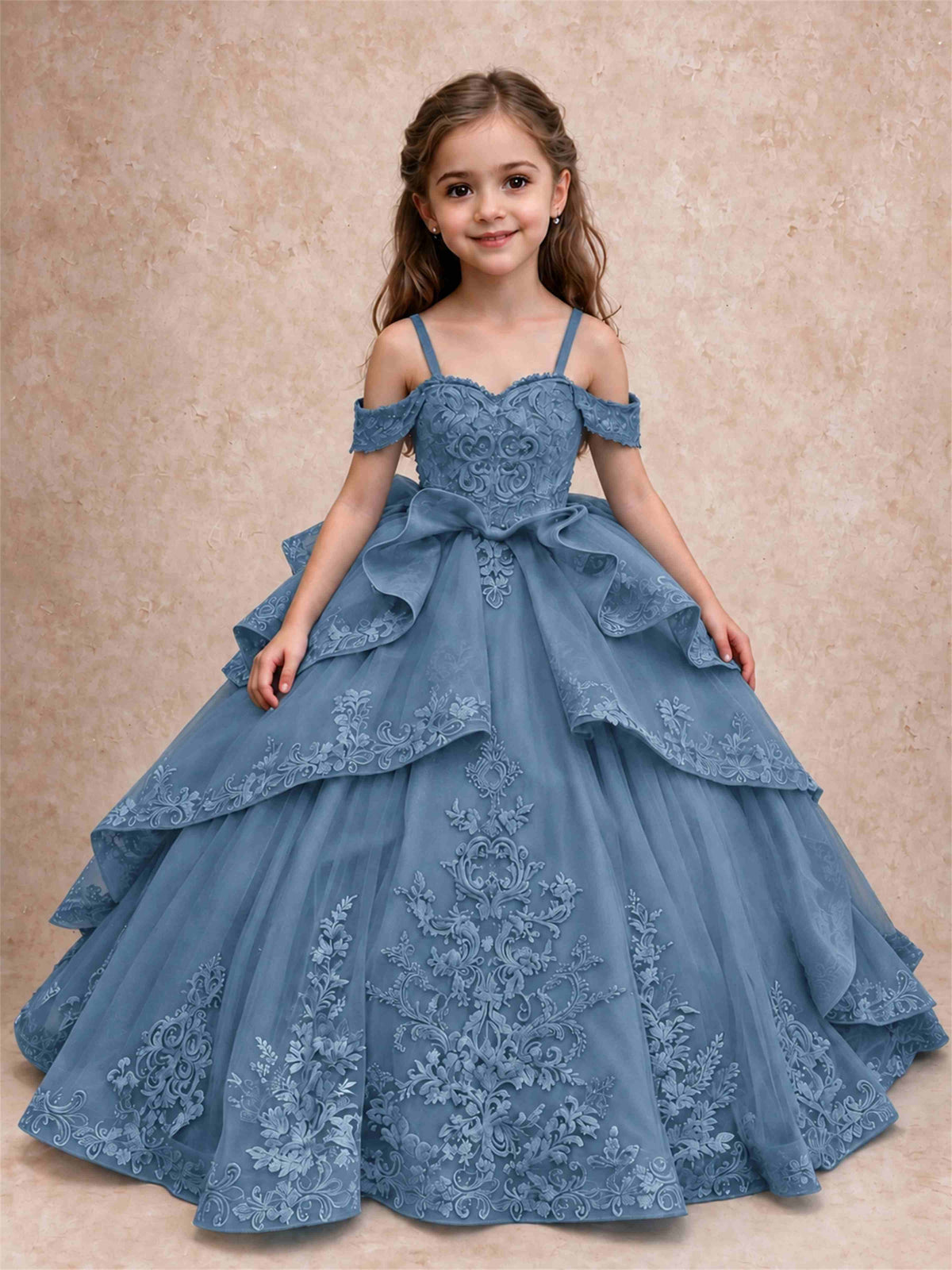Off Shoulder Girls Pageant Dresses Lace Applique Layered Tulle Princess Ball Gown for Birthday Wedding