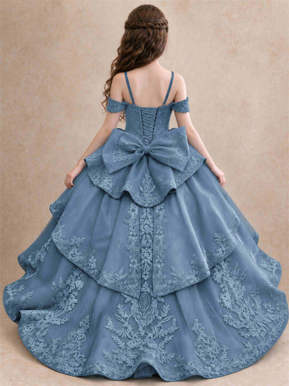 Off Shoulder Girls Pageant Dresses Lace Applique Layered Tulle Princess Ball Gown for Birthday Wedding