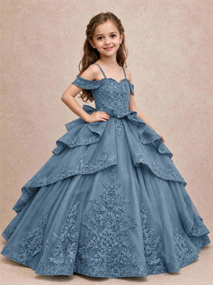 Off Shoulder Girls Pageant Dresses Lace Applique Layered Tulle Princess Ball Gown for Birthday Wedding