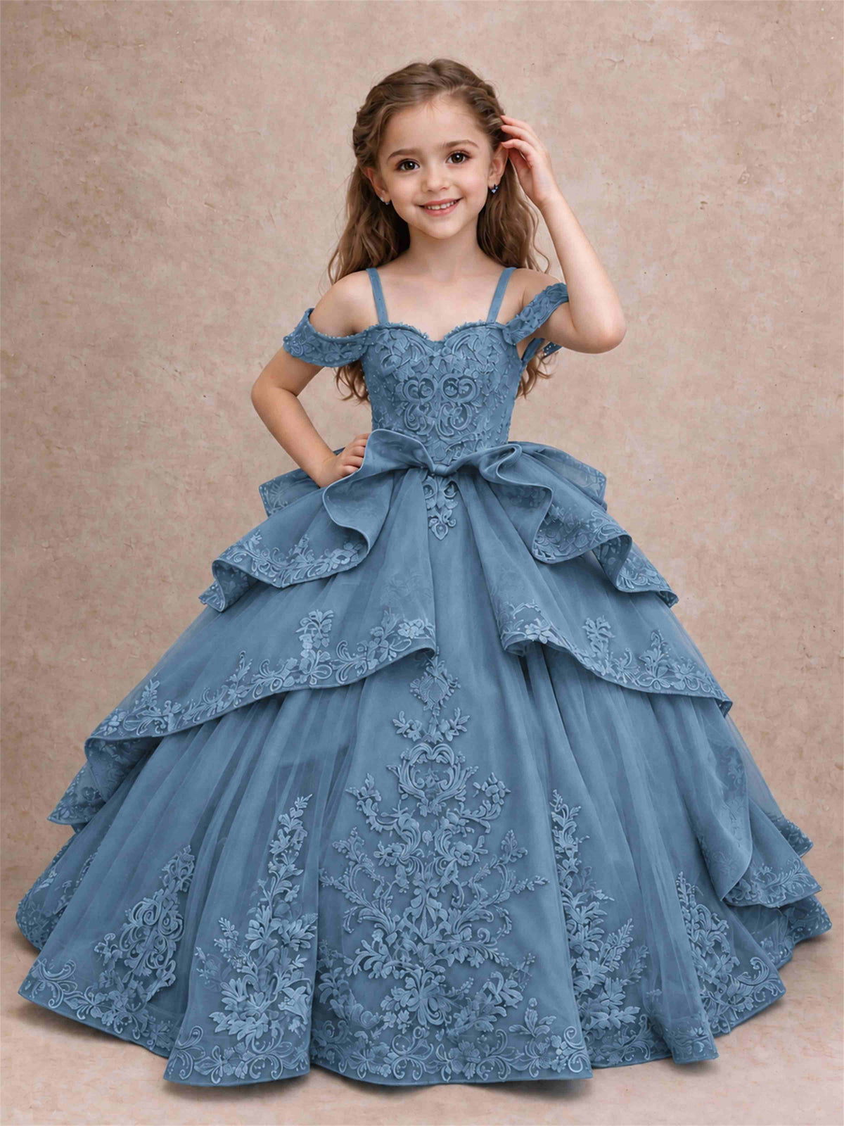 Off Shoulder Girls Pageant Dresses Lace Applique Layered Tulle Princess Ball Gown for Birthday Wedding