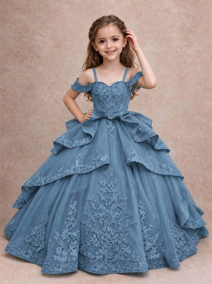 Off Shoulder Girls Pageant Dresses Lace Applique Layered Tulle Princess Ball Gown for Birthday Wedding