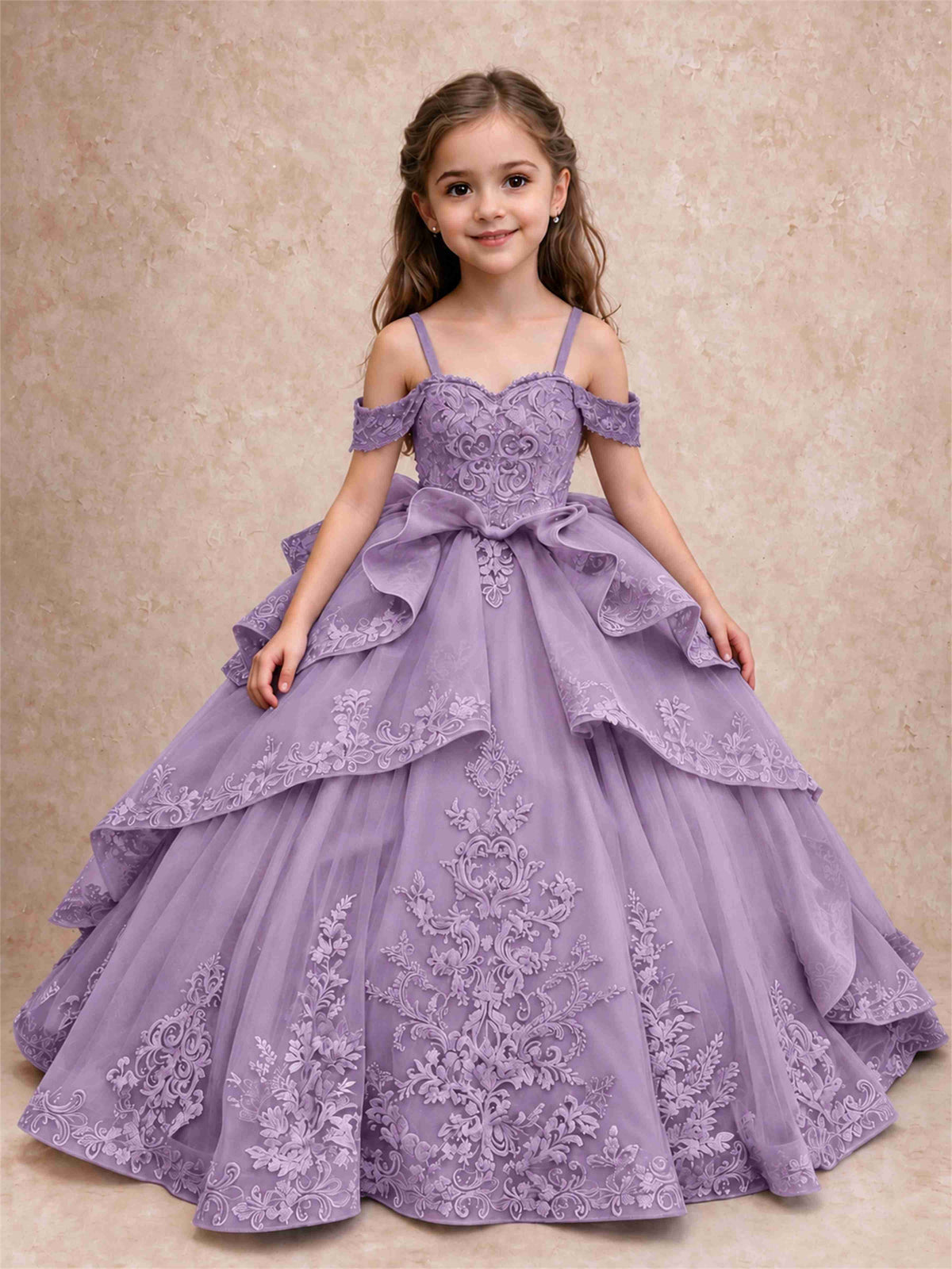 Off Shoulder Girls Pageant Dresses Lace Applique Layered Tulle Princess Ball Gown for Birthday Wedding