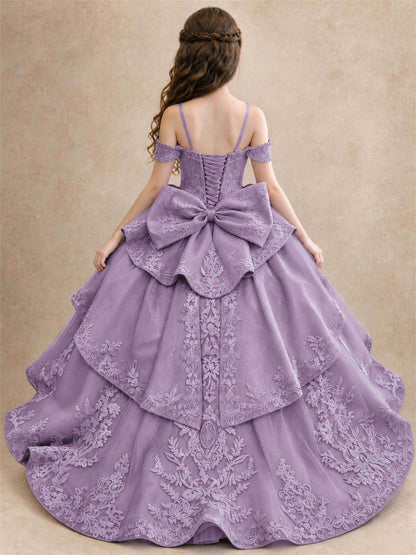 Off Shoulder Girls Pageant Dresses Lace Applique Layered Tulle Princess Ball Gown for Birthday Wedding