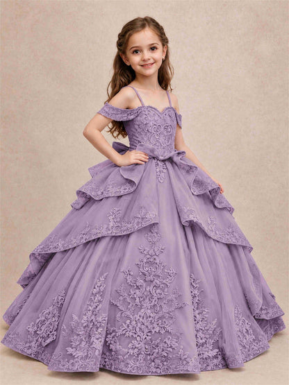Off Shoulder Girls Pageant Dresses Lace Applique Layered Tulle Princess Ball Gown for Birthday Wedding