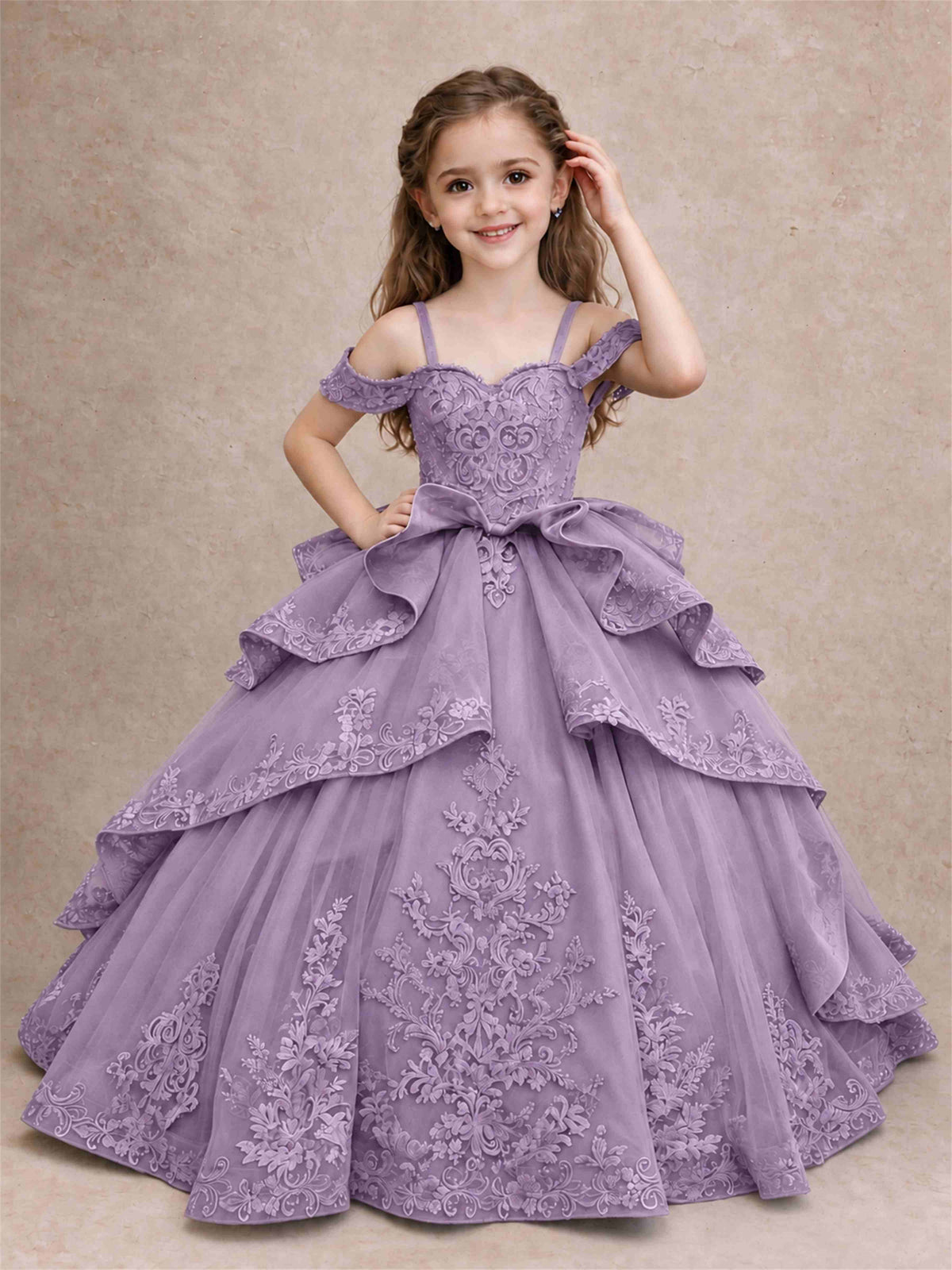 Off Shoulder Girls Pageant Dresses Lace Applique Layered Tulle Princess Ball Gown for Birthday Wedding
