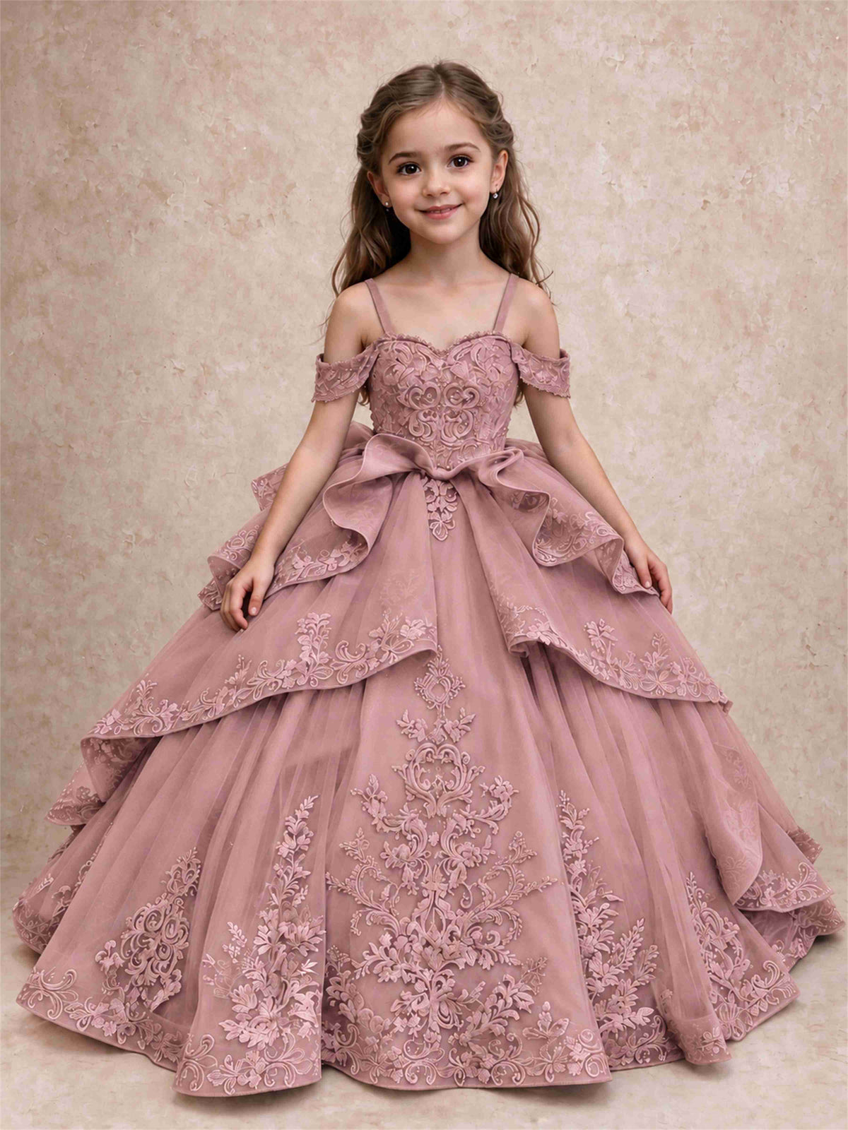 Off Shoulder Girls Pageant Dresses Lace Applique Layered Tulle Princess Ball Gown for Birthday Wedding