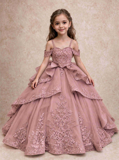 Off Shoulder Girls Pageant Dresses Lace Applique Layered Tulle Princess Ball Gown for Birthday Wedding