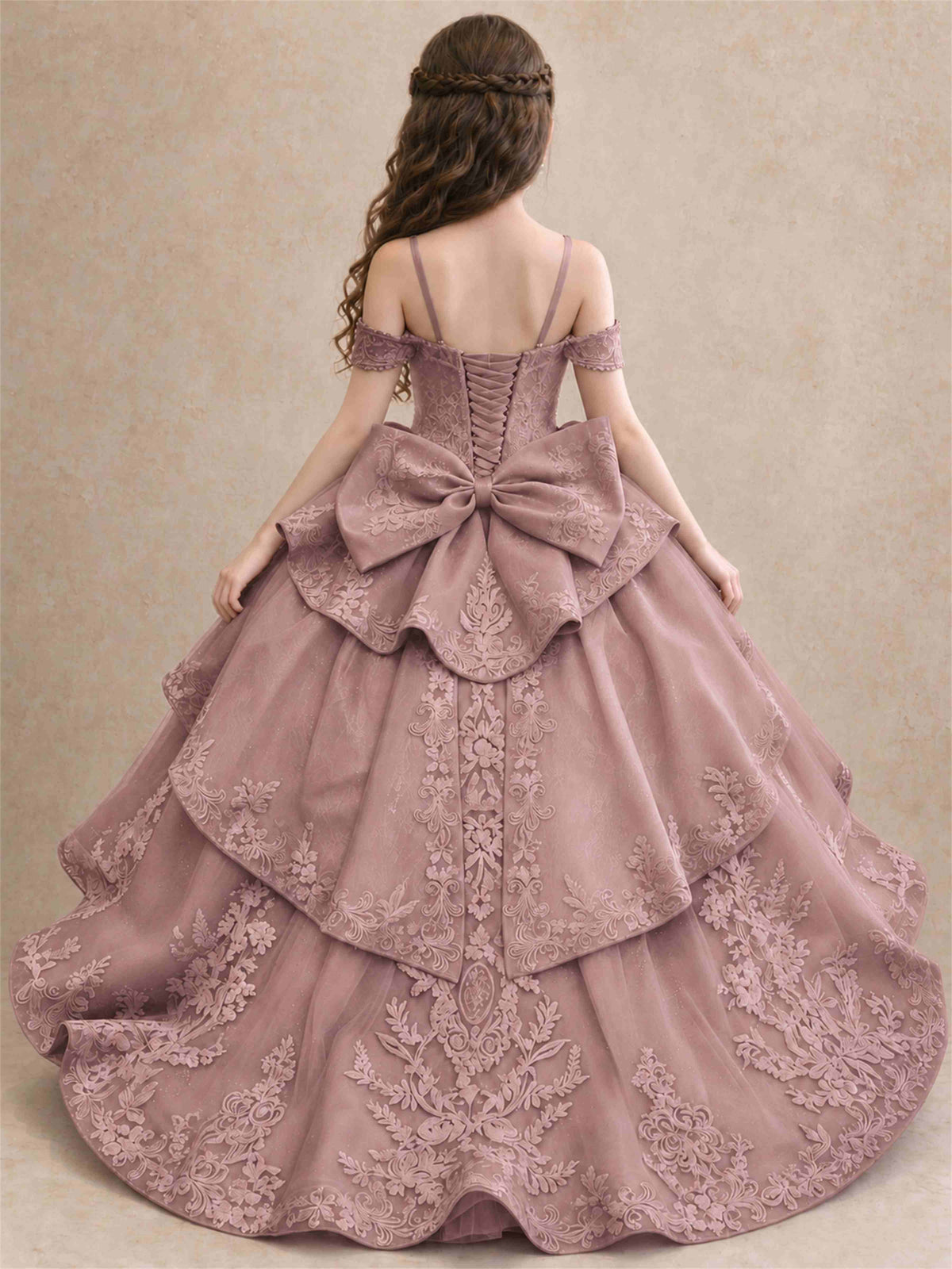 Off Shoulder Girls Pageant Dresses Lace Applique Layered Tulle Princess Ball Gown for Birthday Wedding