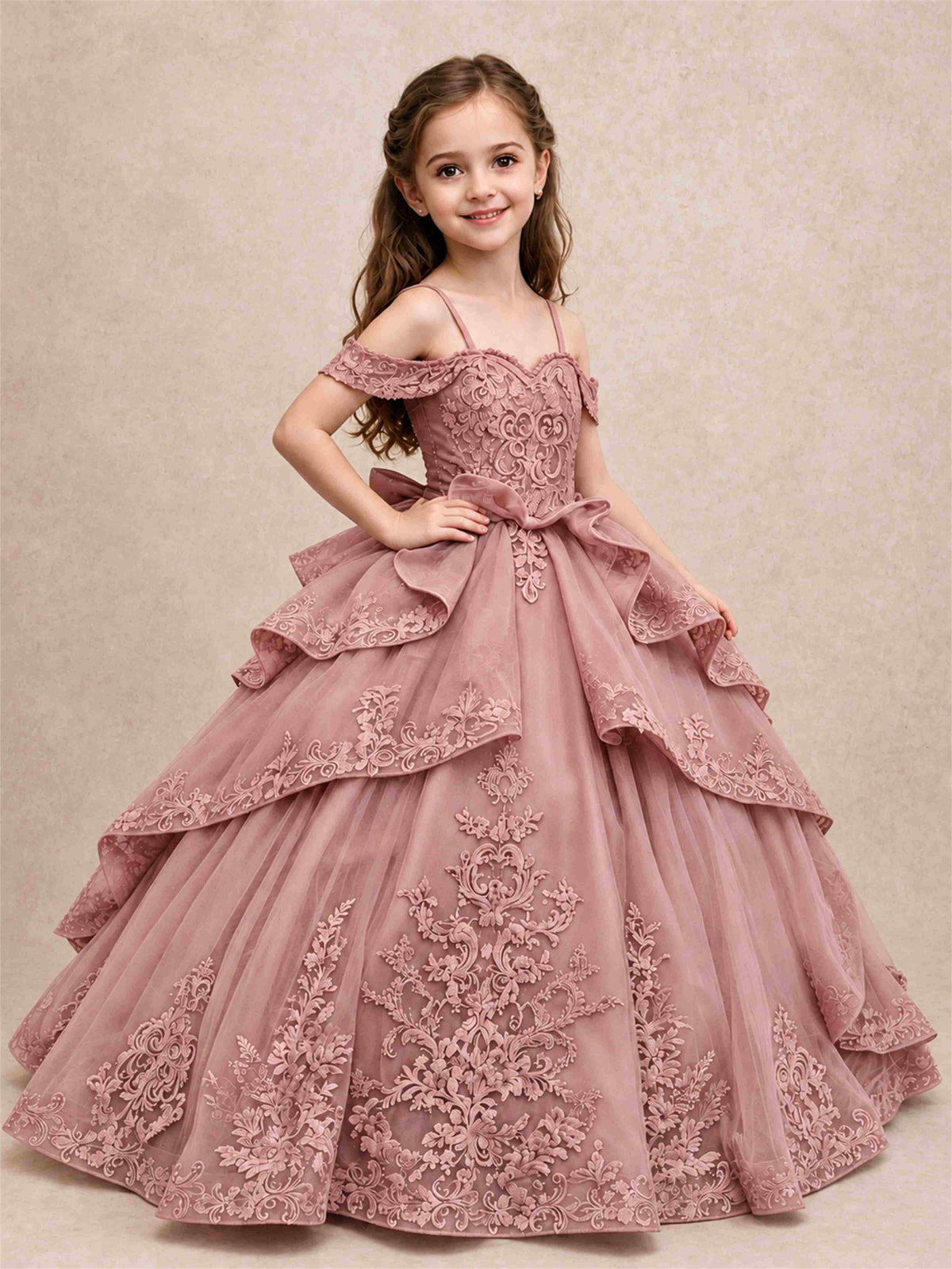 Off Shoulder Girls Pageant Dresses Lace Applique Layered Tulle Princess Ball Gown for Birthday Wedding