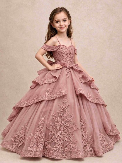 Off Shoulder Girls Pageant Dresses Lace Applique Layered Tulle Princess Ball Gown for Birthday Wedding