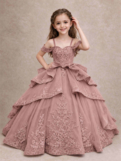 Off Shoulder Girls Pageant Dresses Lace Applique Layered Tulle Princess Ball Gown for Birthday Wedding
