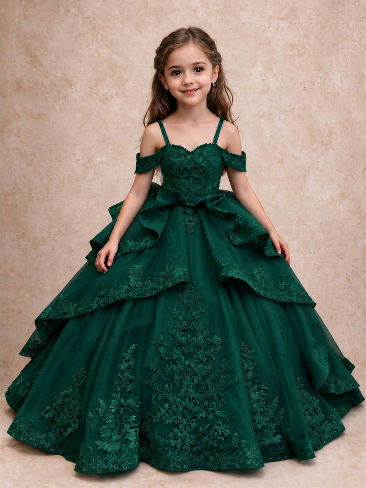 Off Shoulder Girls Pageant Dresses Lace Applique Layered Tulle Princess Ball Gown for Birthday Wedding