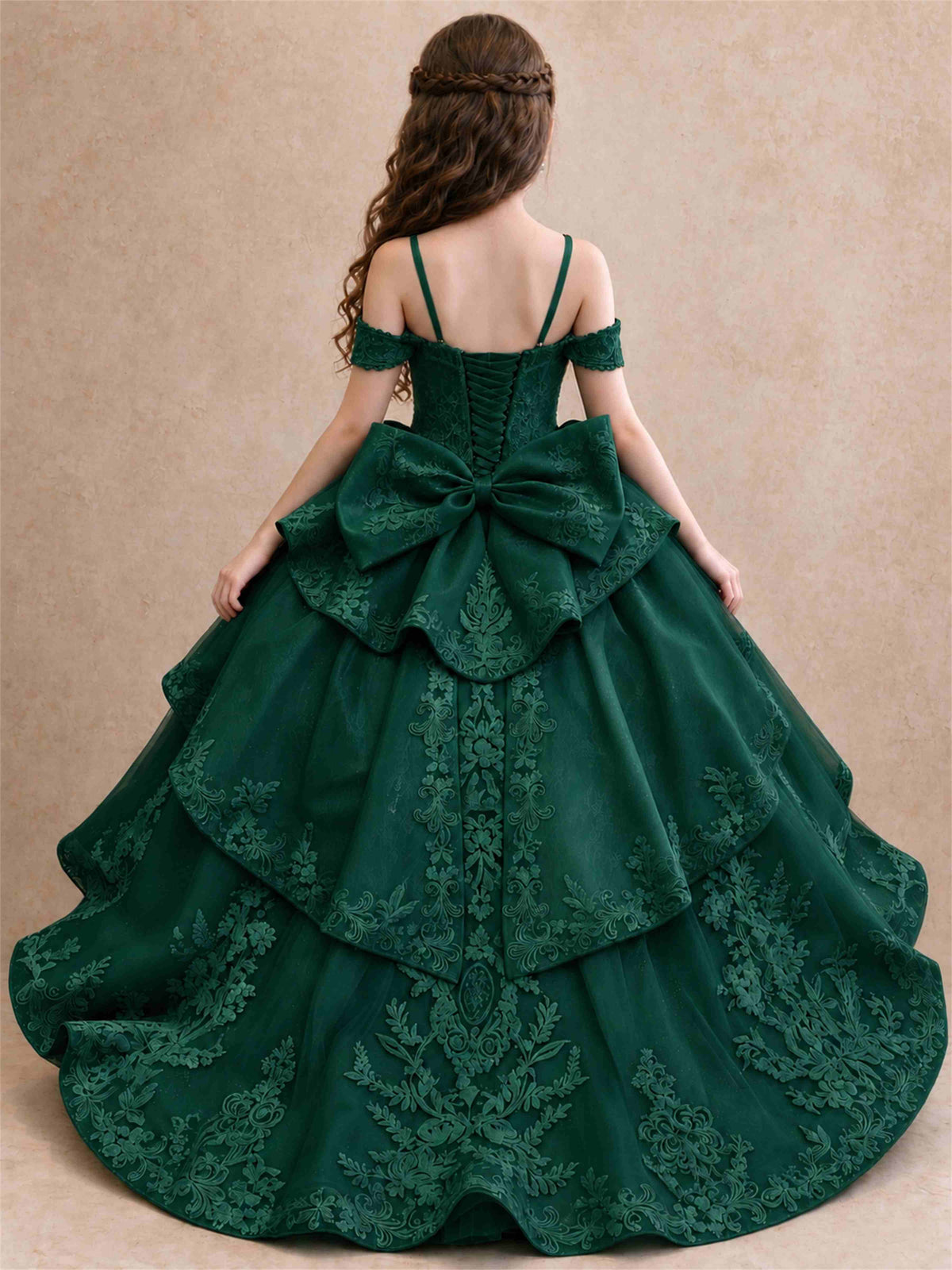 Off Shoulder Girls Pageant Dresses Lace Applique Layered Tulle Princess Ball Gown for Birthday Wedding