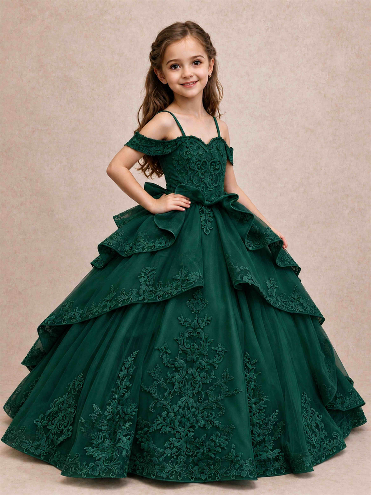 Off Shoulder Girls Pageant Dresses Lace Applique Layered Tulle Princess Ball Gown for Birthday Wedding