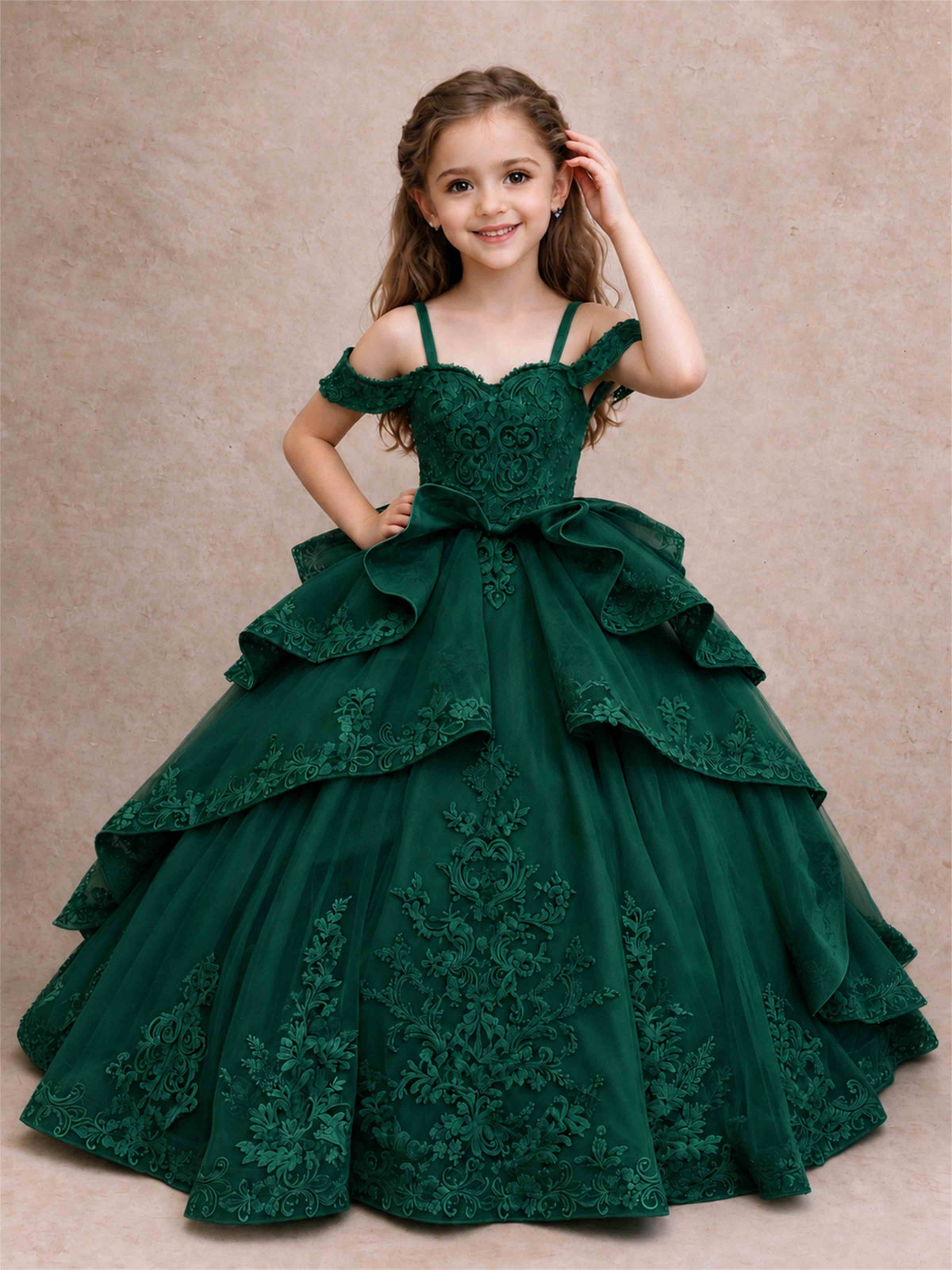 Off Shoulder Girls Pageant Dresses Lace Applique Layered Tulle Princess Ball Gown for Birthday Wedding