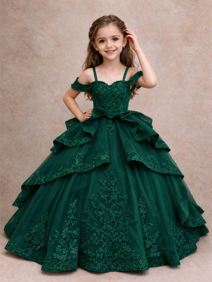 Off Shoulder Girls Pageant Dresses Lace Applique Layered Tulle Princess Ball Gown for Birthday Wedding
