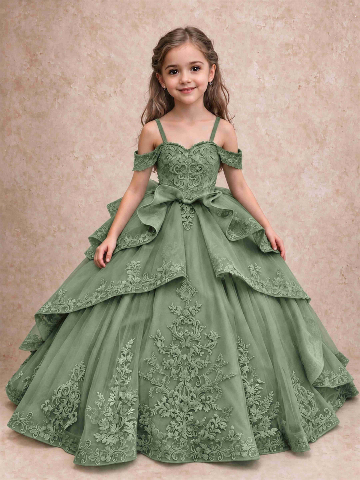 Off Shoulder Girls Pageant Dresses Lace Applique Layered Tulle Princess Ball Gown for Birthday Wedding