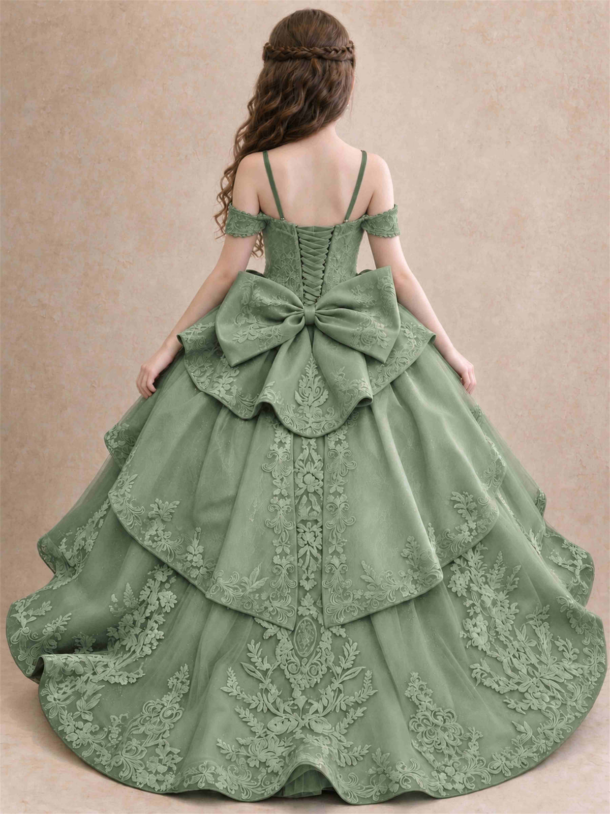 Off Shoulder Girls Pageant Dresses Lace Applique Layered Tulle Princess Ball Gown for Birthday Wedding