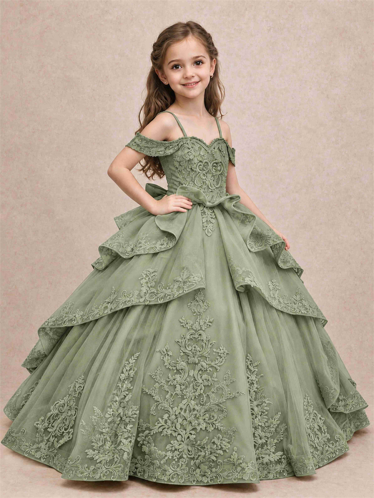 Off Shoulder Girls Pageant Dresses Lace Applique Layered Tulle Princess Ball Gown for Birthday Wedding