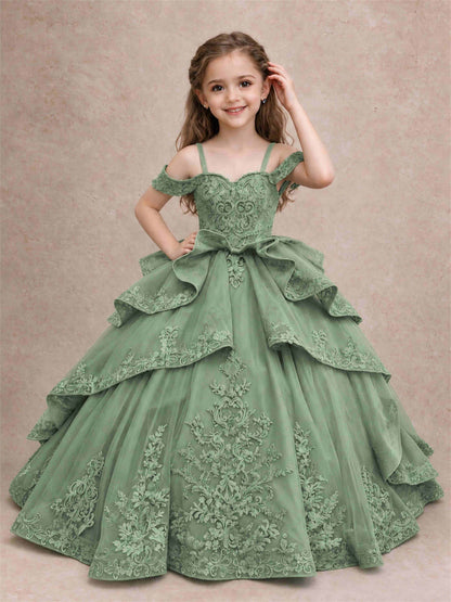 Off Shoulder Girls Pageant Dresses Lace Applique Layered Tulle Princess Ball Gown for Birthday Wedding