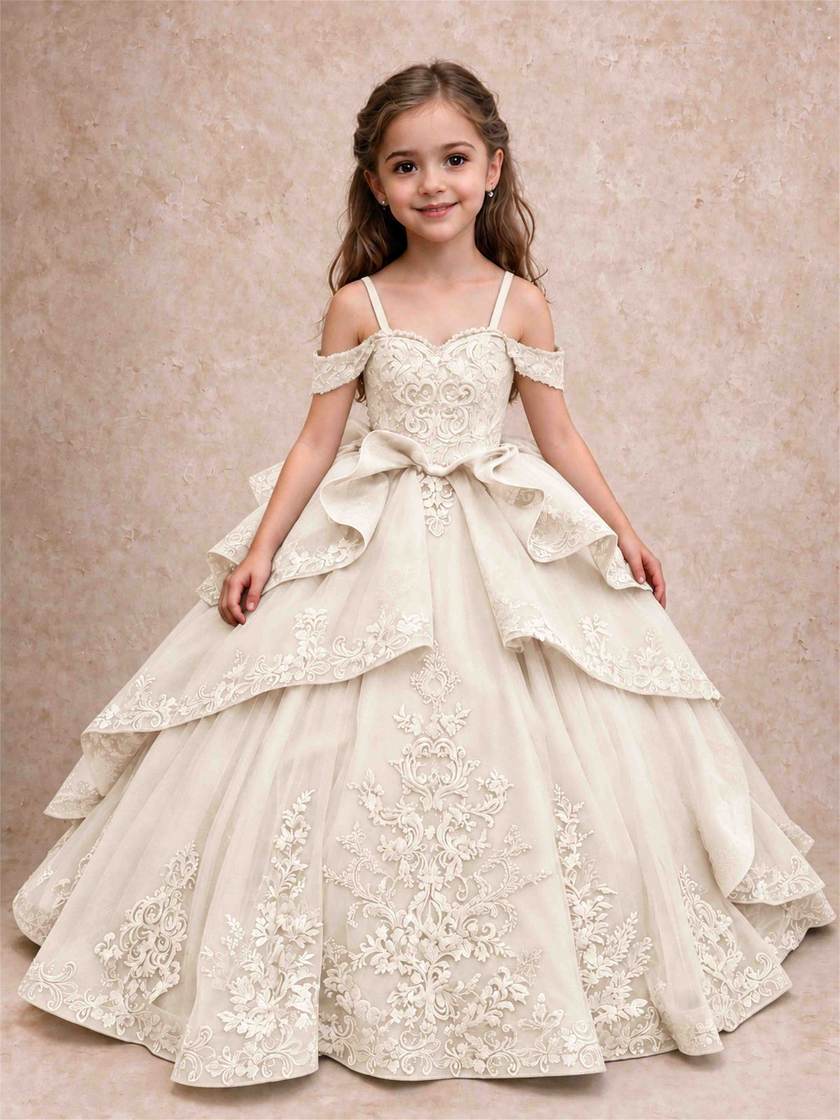 Off Shoulder Girls Pageant Dresses Lace Applique Layered Tulle Princess Ball Gown for Birthday Wedding