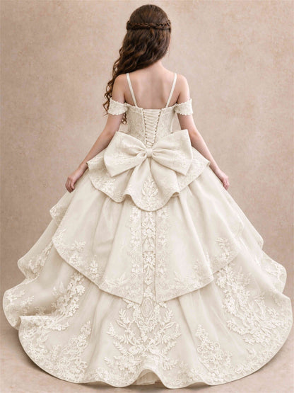 Off Shoulder Girls Pageant Dresses Lace Applique Layered Tulle Princess Ball Gown for Birthday Wedding