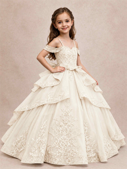Off Shoulder Girls Pageant Dresses Lace Applique Layered Tulle Princess Ball Gown for Birthday Wedding