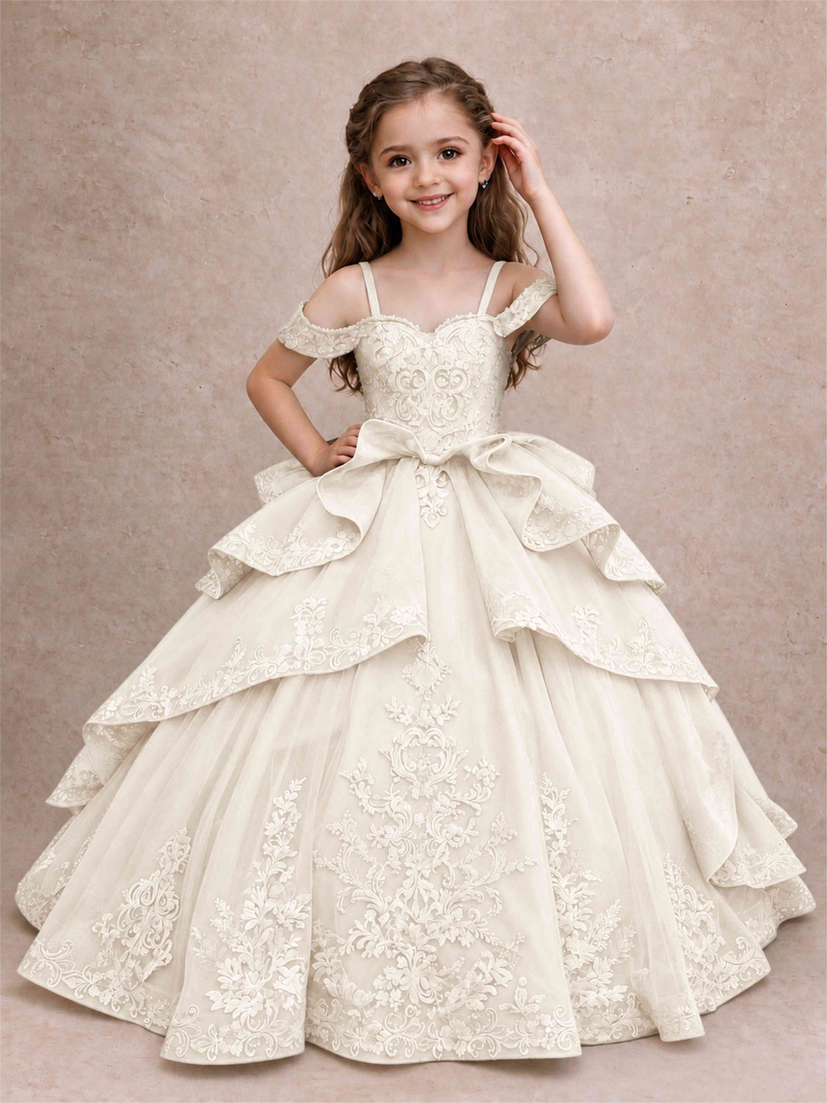 Off Shoulder Girls Pageant Dresses Lace Applique Layered Tulle Princess Ball Gown for Birthday Wedding