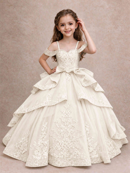 Off Shoulder Girls Pageant Dresses Lace Applique Layered Tulle Princess Ball Gown for Birthday Wedding