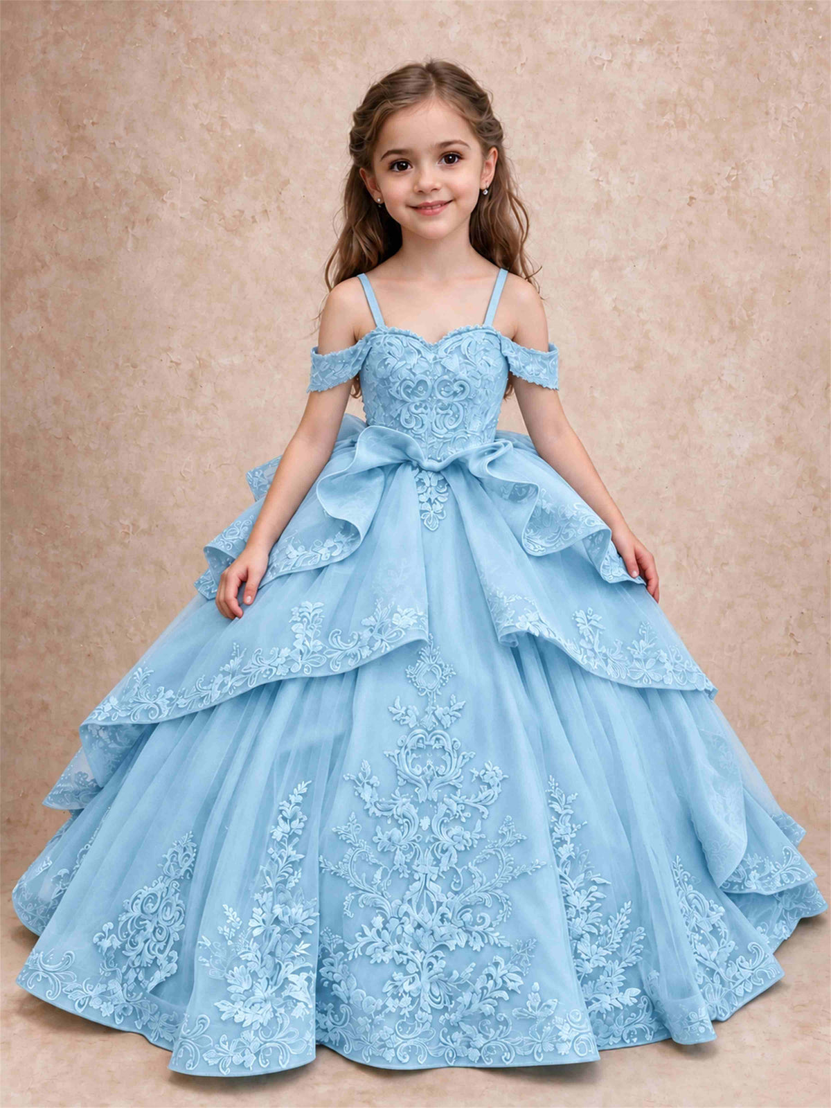 Off Shoulder Girls Pageant Dresses Lace Applique Layered Tulle Princess Ball Gown for Birthday Wedding