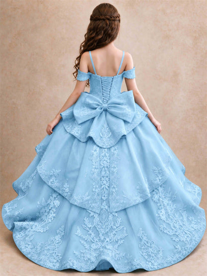 Off Shoulder Girls Pageant Dresses Lace Applique Layered Tulle Princess Ball Gown for Birthday Wedding