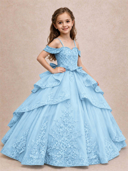 Off Shoulder Girls Pageant Dresses Lace Applique Layered Tulle Princess Ball Gown for Birthday Wedding