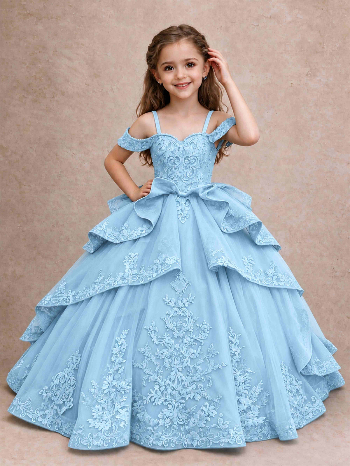 Off Shoulder Girls Pageant Dresses Lace Applique Layered Tulle Princess Ball Gown for Birthday Wedding
