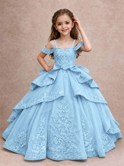 Off Shoulder Girls Pageant Dresses Lace Applique Layered Tulle Princess Ball Gown for Birthday Wedding